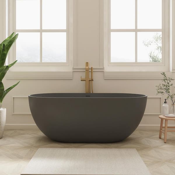 SJ STAR&JANE Kylie 59 in. x 29 in. Stone Resin Freestanding Soaking Bathtub in Gray