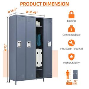 35.43 in. W x 72 in. H x 15.7 in. D Lockable Freestanding Cabinets with 3 doors for School,Gym and Home in Dark gray