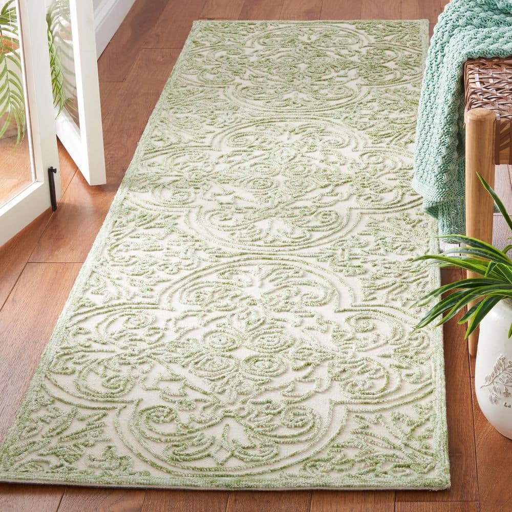 Ivory and Green Tufted Wool Runner Rug