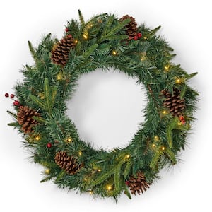 24 in. Green Battery Operated Pre-Lit Warm White LED Mixed Pine Artificial Christmas Wreath with Pine Cones and Berries