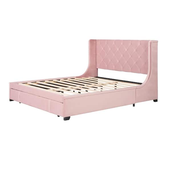 Queen size Velvet Upholstered Platform Bed with Modern Vertical Tufted Wingback headboard, Storage bed With drawer, Pink