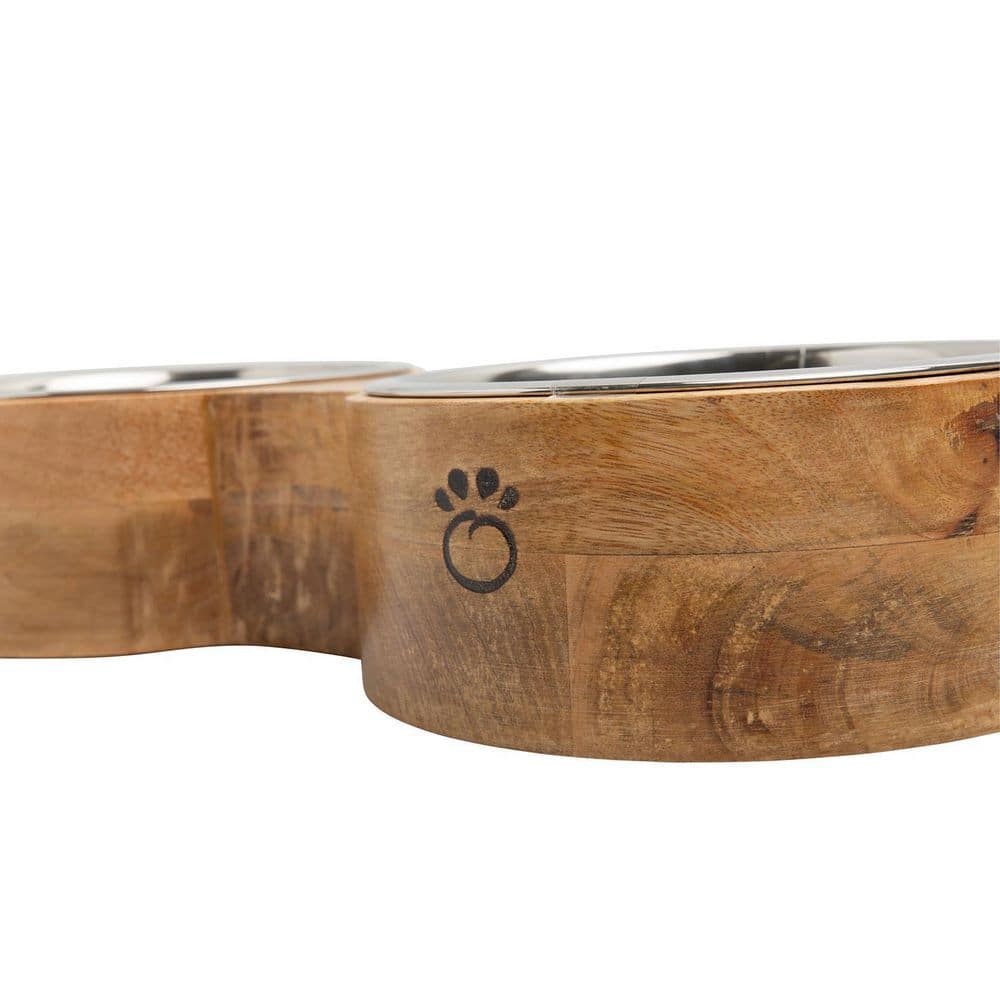 Small Mango Wood Elevated Double Pet Feeder with Stainless Steel Bowls