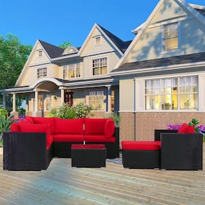 8-Piece Black Wicker Outdoor Sectional Set Patio Conversation Set with Coffee Table and Red Cushions for Lawn, Backyard