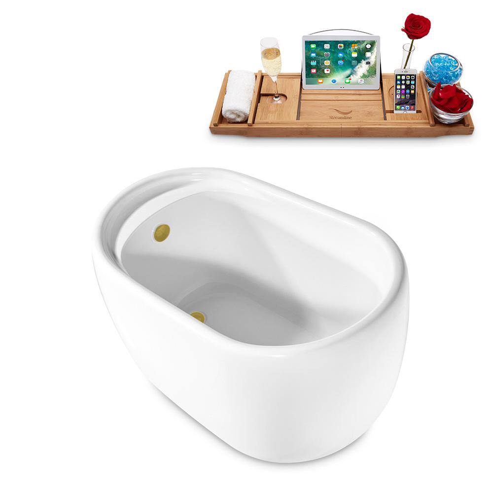 Glossy White Acrylic Freestanding Oval Soaking Tub with Gold Trim