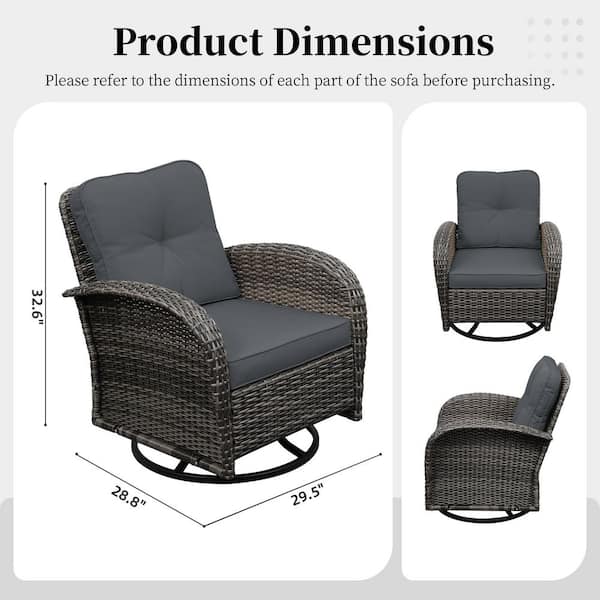 2-Peice Gray Wicker Outdoor Rocking Chair Swivel Chair with Dark Gray Cushions