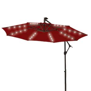 10 ft. Solar LED Offset Hanging Umbrella Cantilever Patio Umbrella with Tilt Adjustment and Fade Resistant in Burgundy
