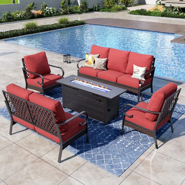 PHI VILLA 5-Piece Black Metal 7-Seats Fire Pit Patio Sets with Fixed Chairs, 50000 BTU Fire Pit Table and Red Cushions