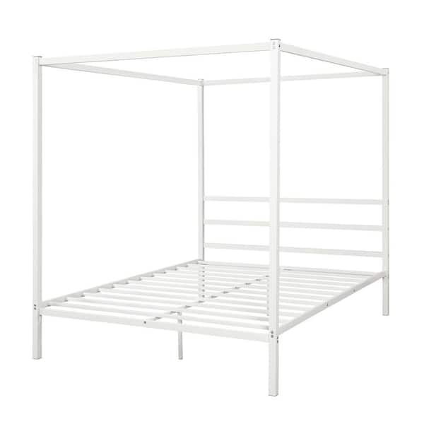 URTR White Queen Canopy Bed Frame with Built-in Headboard, Metal Canopy Platform Bed for Kids, Teens and Adults