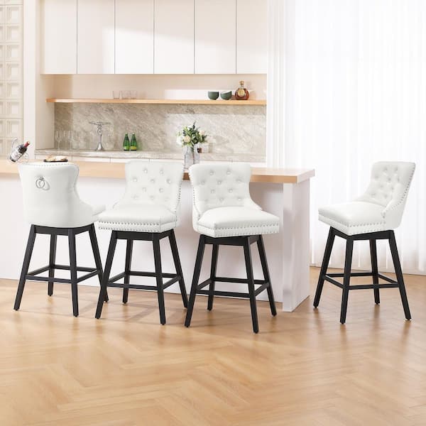 26 in. White Faux Leather Upholstered Solid Wood Frame Counter Height Swivel Counter Stool (Set of 4)