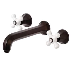 Contemporary 2-Handle Wall Mount Bathroom Faucet with Porcelain Cross Handles in Oil Rubbed Bronze