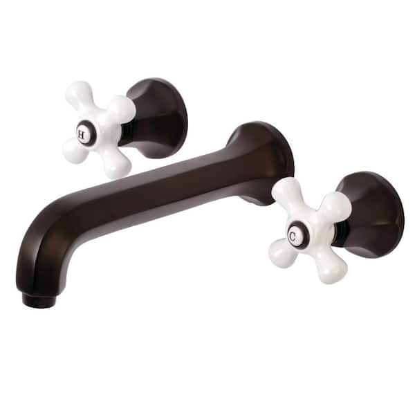 Kingston Brass Contemporary 2-Handle Wall Mount Bathroom Faucet with Porcelain Cross Handles in Oil Rubbed Bronze