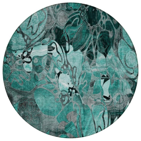 Teal Blue, Black, Gray 8 ft. x 8 ft. Woven Abstract Polyester Round Indoor / Outdoor Area Rug