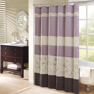 Belle 72 in. Purple Faux Silk Embroidered Floral Shower Curtain