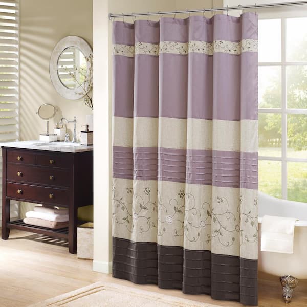 Madison Park Belle 72 in. Purple Faux Silk Embroidered Floral Shower Curtain