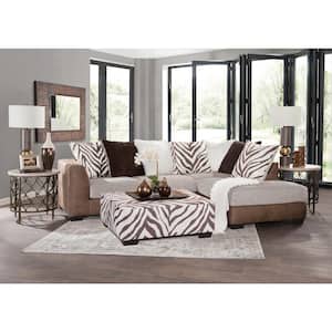 Square Arm Brown and White Polyester Square Upholstered Ottoman