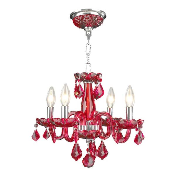Worldwide Lighting Clarion 4-Light Polished Chrome Strawberry Red Crystal Chandelier