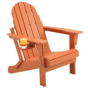 Orange HDPE Folding Plastic Adirondack Chair, Weather Resistant HDPE Patio Furniture Sets with Cup Holder