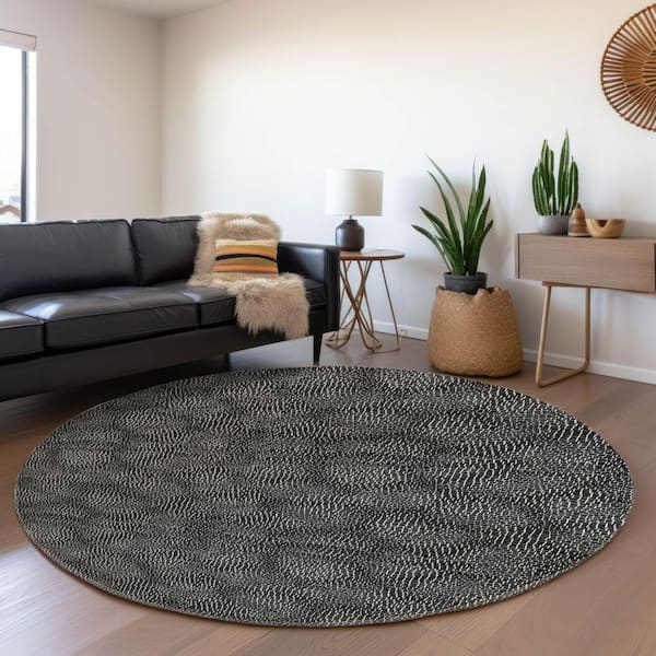 Mayfield Premium Machine Washable Abstract AMF1057 Black 8 ft. x 8 ft. Round Rug