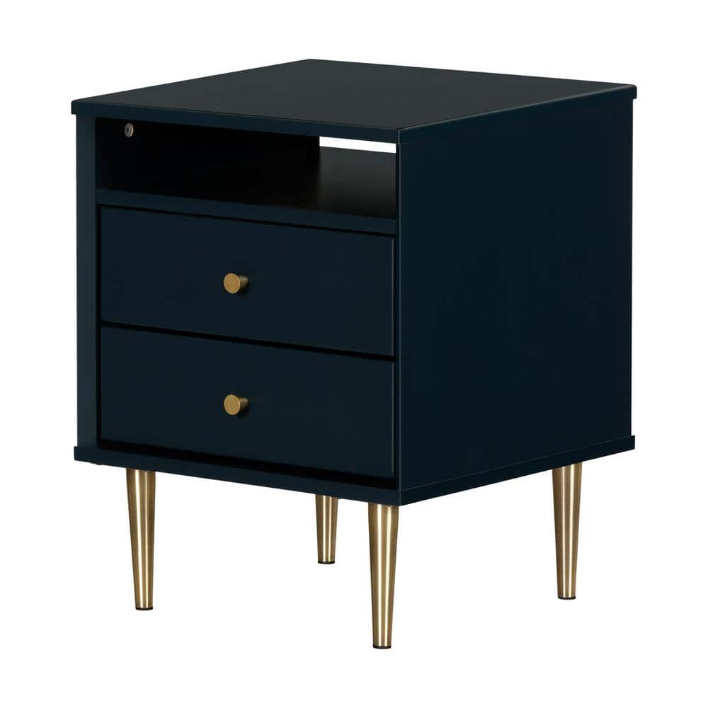 Navy Blue 2-Drawer Nightstand with Brass Legs