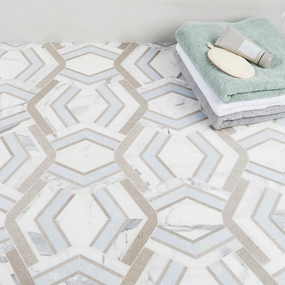 Cream and Blue Geometric Polished Marble Mosaic Tile 11x18