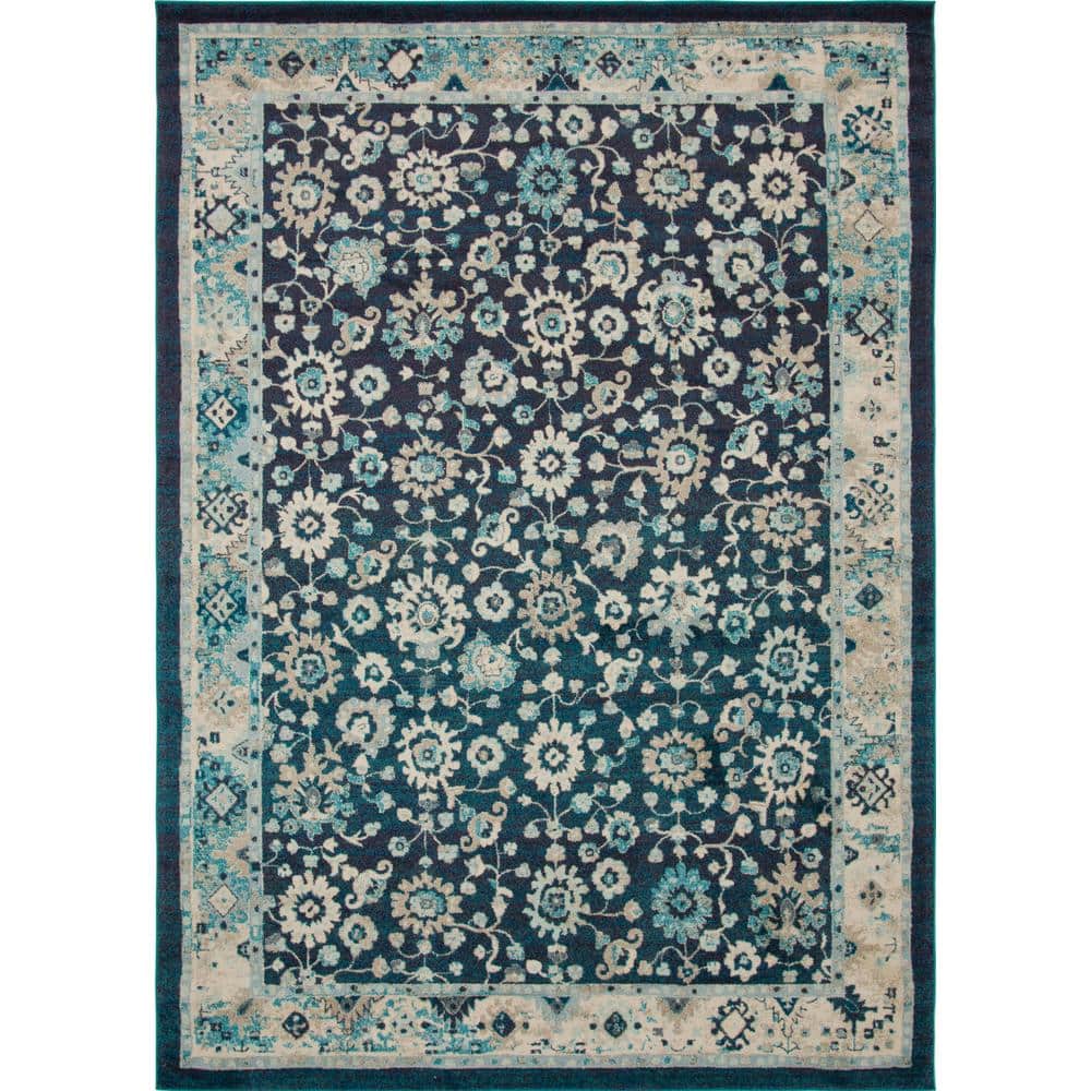 Navy Blue and Beige Floral Synthetic 10' x 14' Area Rug