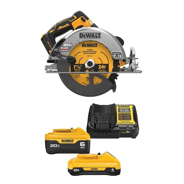 DEWALT 20V MAX Cordless Brushless 7-1/4 in. Circular Saw, (1) 20V 6.0Ah and (1) 20V 4.0Ah Batteries, and Charger