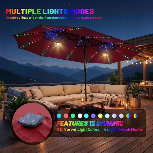 enchanted patio umbrellas Clihome 15FT Double-Sided Solar Light Market Crank Umbrella with Base, RGB LED