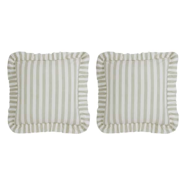VHC Brands Finders Keepers Soft White Khaki Ruffled Striped Cotton Euro Sham Set of 2