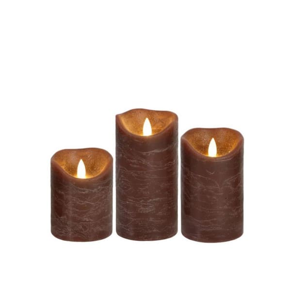 3‑Pack Brown Real‑Wax Flameless Pillar Candles, Battery Operated LED with Remote for Wedding Festival Decor SN0252
