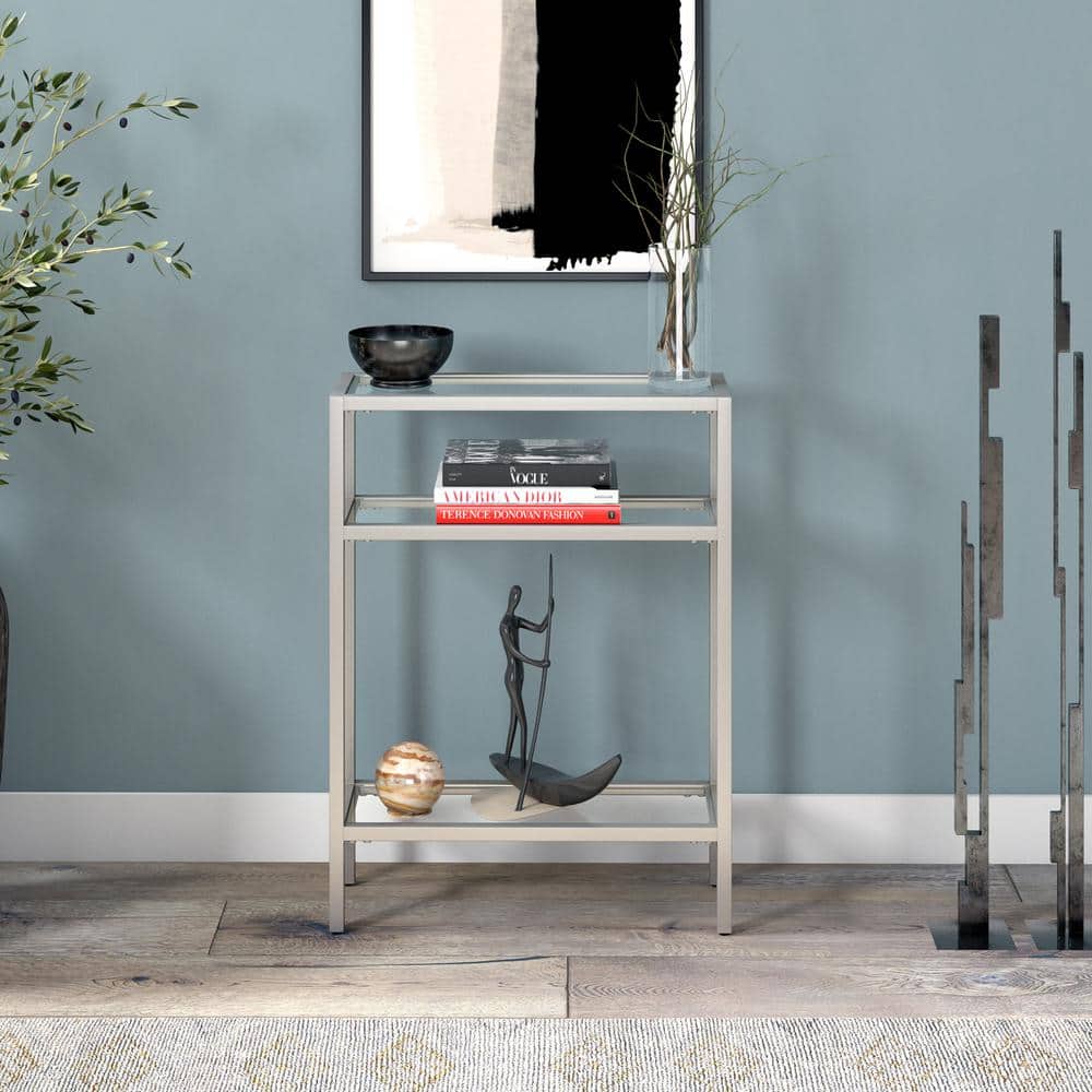 Elegant Satin Nickel 22" Metal & Glass Console Table with Shelf