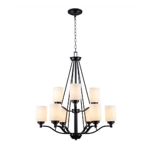 Mod Pod 9-Light Black Tiered Chandelier for Dining Room with Frosted Glass Cylinder Shades