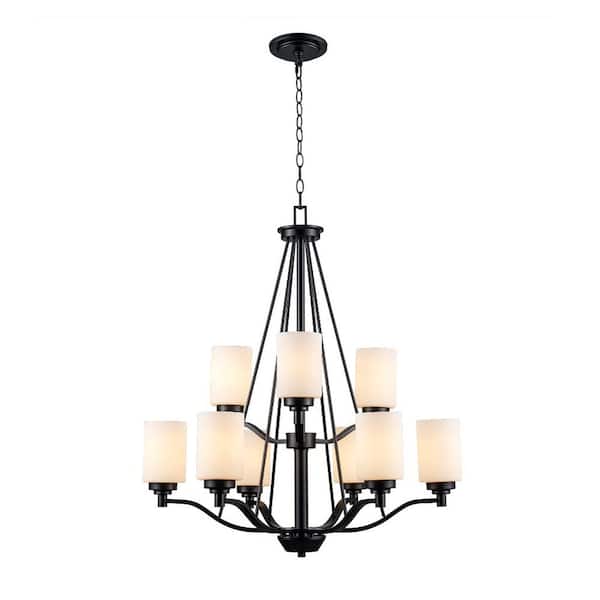 Bel Air Lighting Mod Pod 9-Light Black Tiered Chandelier for Dining Room with Frosted Glass Cylinder Shades