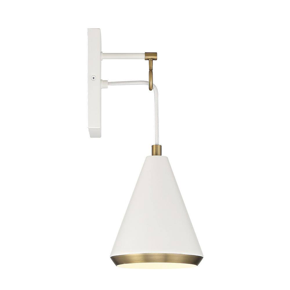 Contemporary White and Natural Brass Cone-Shaped Dimmable Sconce