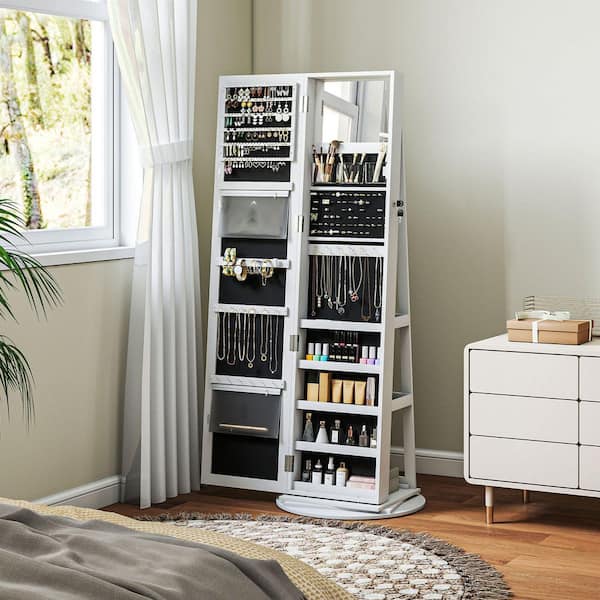 White 360° Swivel Jewelry Armoire, Lockable Jewelry Cabinet with Full-Length Mirror, Storage Shelves
