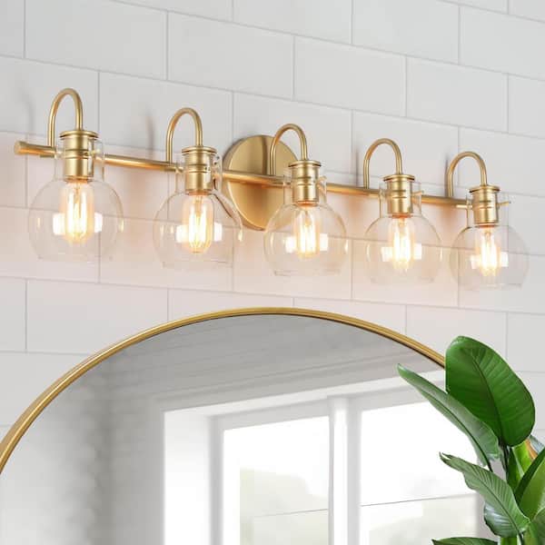 LNC Modern Light Gold Vanity Light 35.5 in. 5-Light Bathroom Power Room Light with Globe Clear Glass Shades