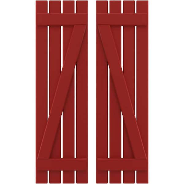 Ekena Millwork 15-1/2 in. W x 48 in. H Americraft 4-Board Exterior Real Wood Spaced Board and Batten Shutters with Z-Bar in Fire Red