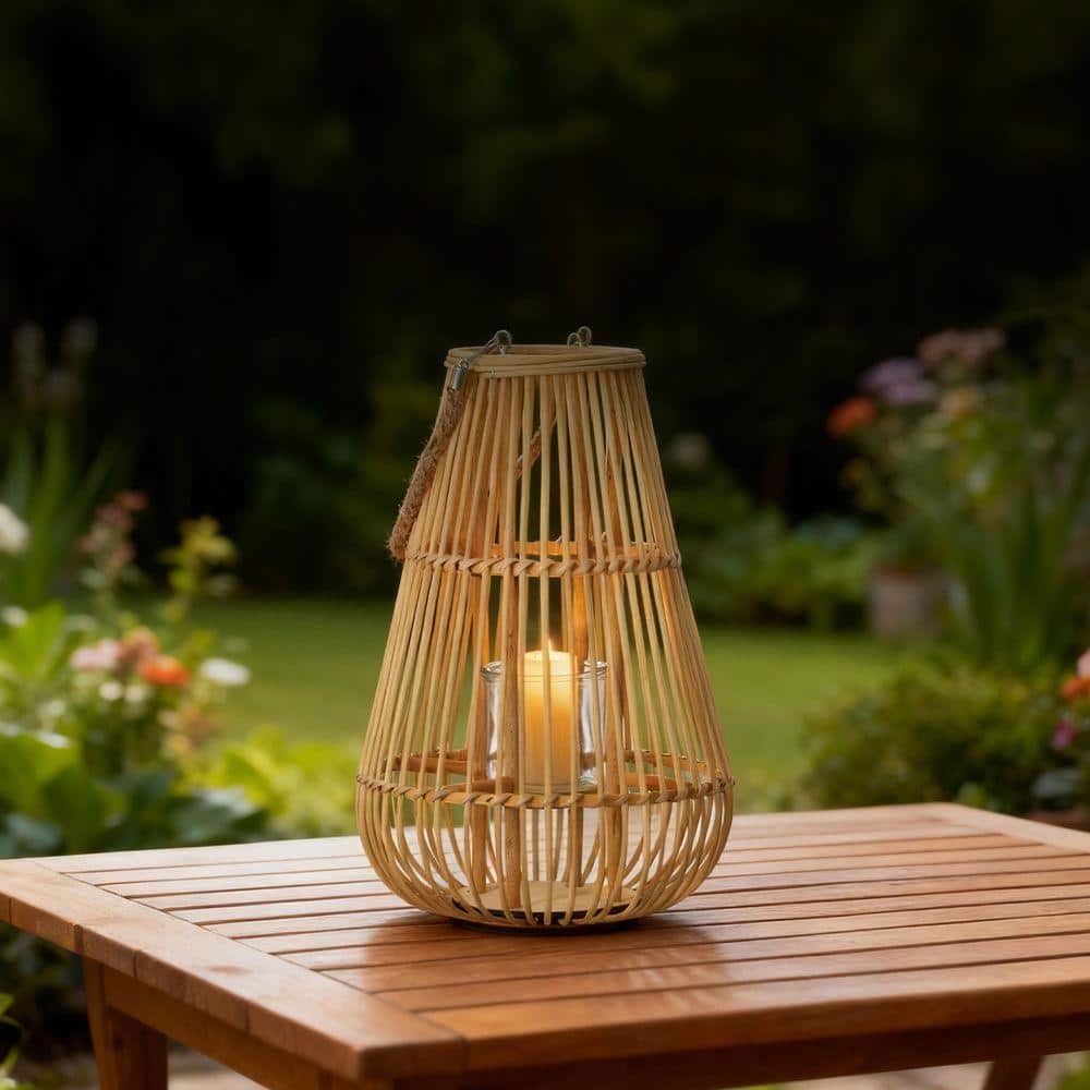 WICKERWISE Handwoven Bamboo Lantern Candle Holder with Glass