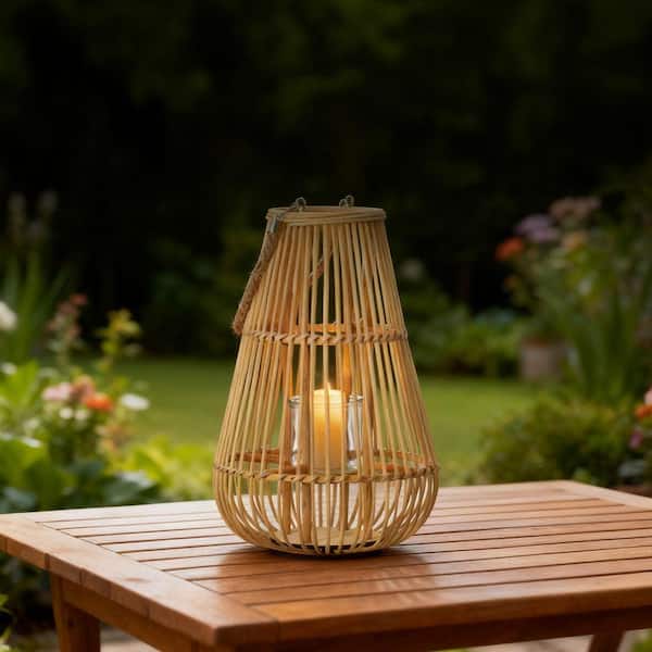 Handwoven Bamboo Lantern Candle Holder with Glass Insert and Rope Handle Hanging/Tabletop Decor, Natural, 19 in. H