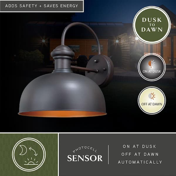 Franklin 1-Light Dusk to Dawn Bronze Gold Farmhouse Barn Dome Outdoor Wall Lantern Sconce