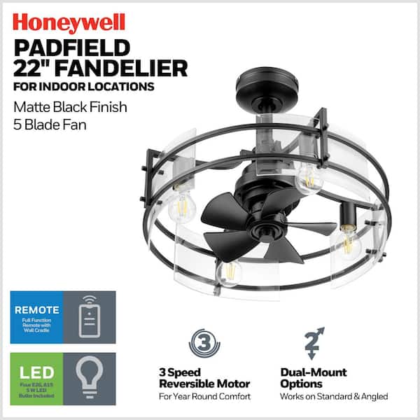 Padfield 22 in. LED Indoor Matte Black 4-Light Fandelier Modern Ceiling Fan with Remote Control