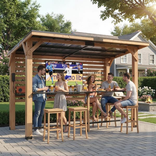 8 ft. x 10 ft. Solid Cedar Wood Gazebo Bar Pavilion with TV Mount for Backyard Entertainment