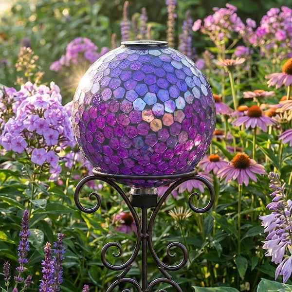 Sunnydaze Iridescent Purple Gazing Ball with Solar Light - 10 in