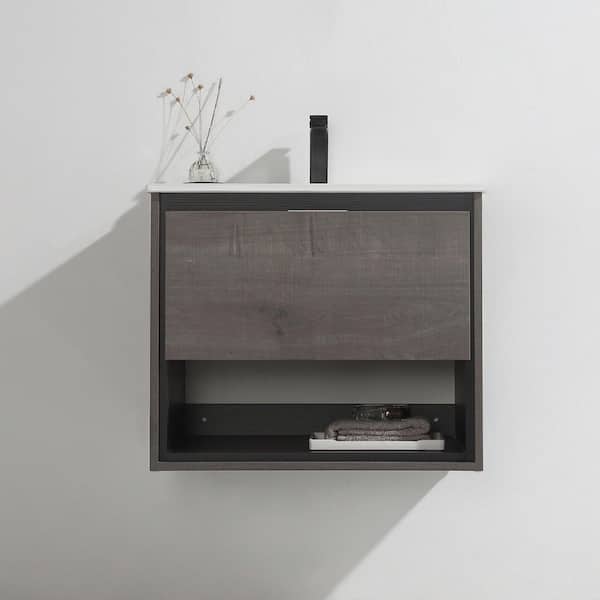 HBEZON JIM 24 in. W x 18.31 in. D x 20.28 in. H Floating Bath Vanity in Gray Oak with White Integrated Ceramic Top & Drawer