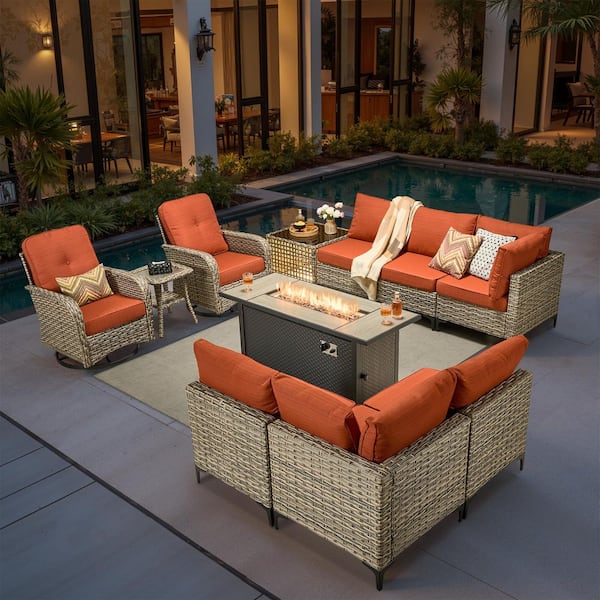 Vinceny Gray 11-Piece Wicker 54 in. Rectangle Fire Pit Patio Conversation Set with Bold-stripe Orange Red Cushions