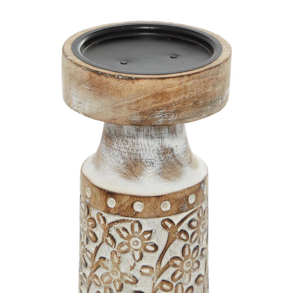 Rustic Elegance Mango Wood Carved Candle Holders, Brown Floral Set of 3