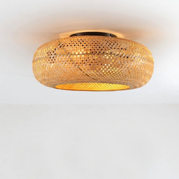 19 in. Indoor Black Flush Mount Standard Rattan Ceiling Fan with Dimmable Light and Remote Control