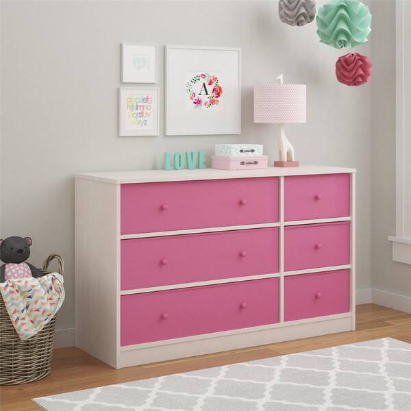 Dorel Juvenile Applegate Storage Chest with 6 Pink Fabric Bins in Enchanted Pine