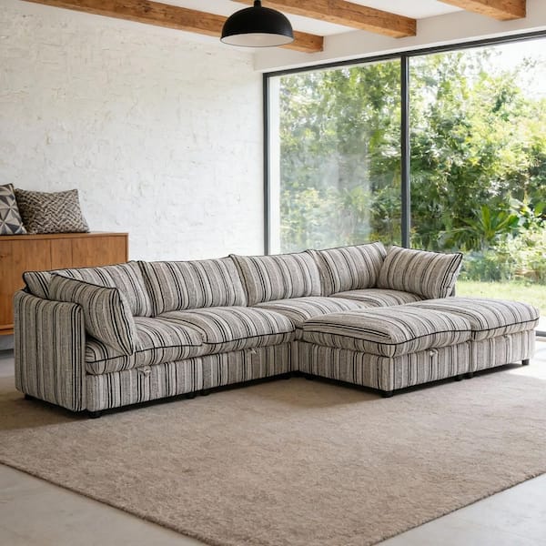 Ivor Convertible 125 in. Straight Arm 6-Piece Polyester Modular Storage Sectional Sofa in Black Striped with Ottoman