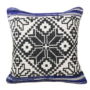 Mindy Navy Blue/Gray/White 20 in. x 20 in. Boho Bordered Floral Mosaic Textile Indoor Throw Pillow