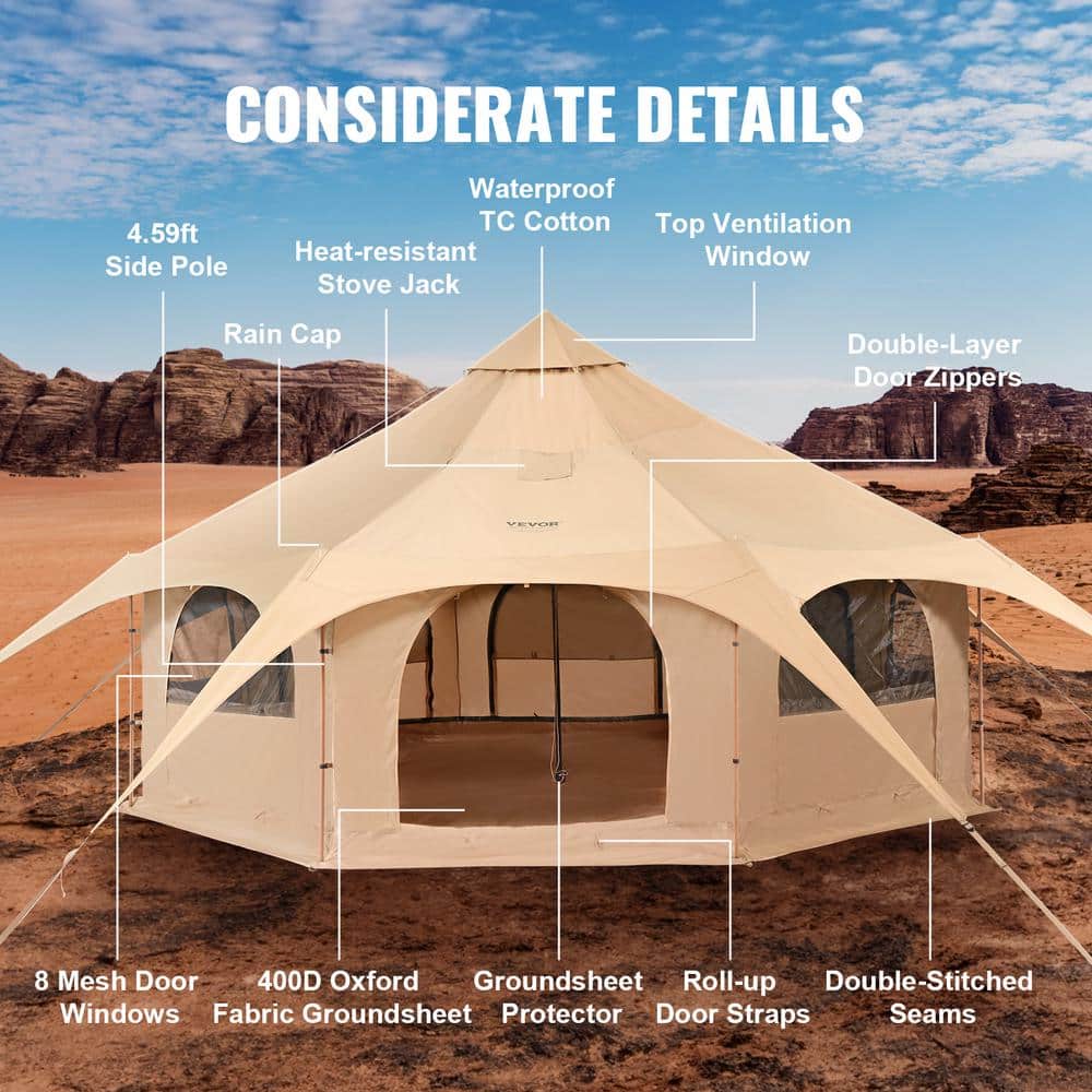 16.4ft Beige Canvas Four Season Yurt for 8 Person Camping